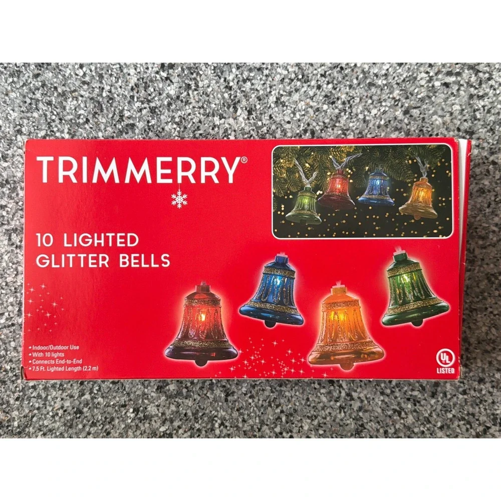 Trimmerry 10 Lighted Glitter Bells Multicolor Christmas String Lights 7.5ft New